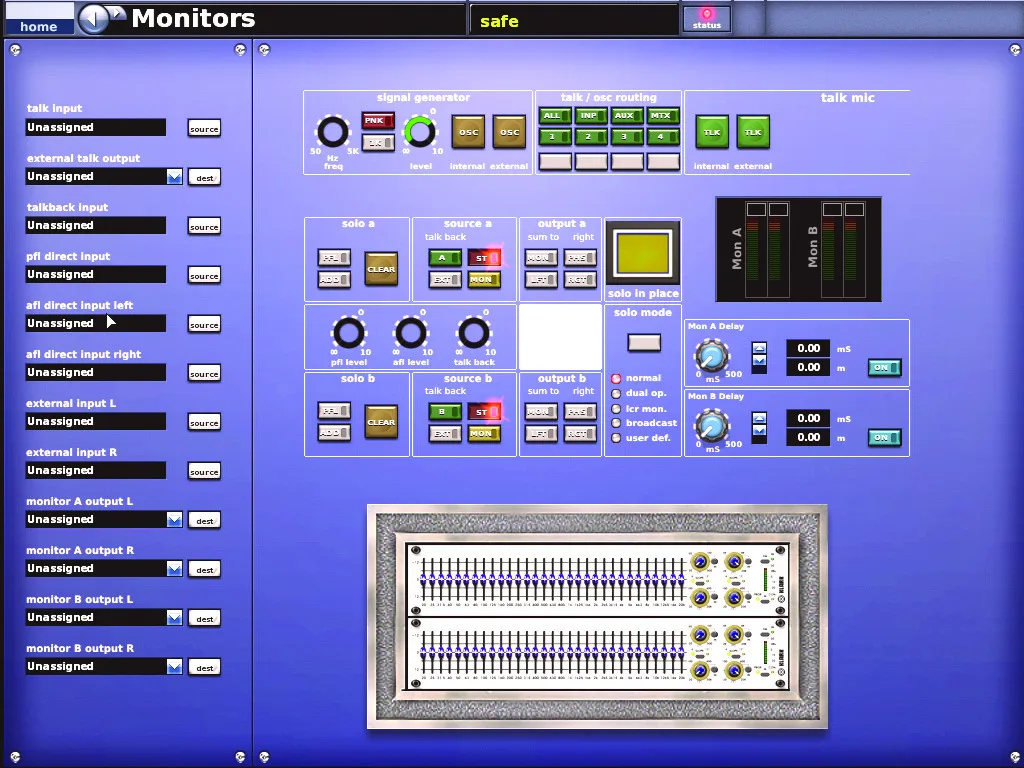 Midas XL8, Monitors, monitoring, talkback and signal generator screen