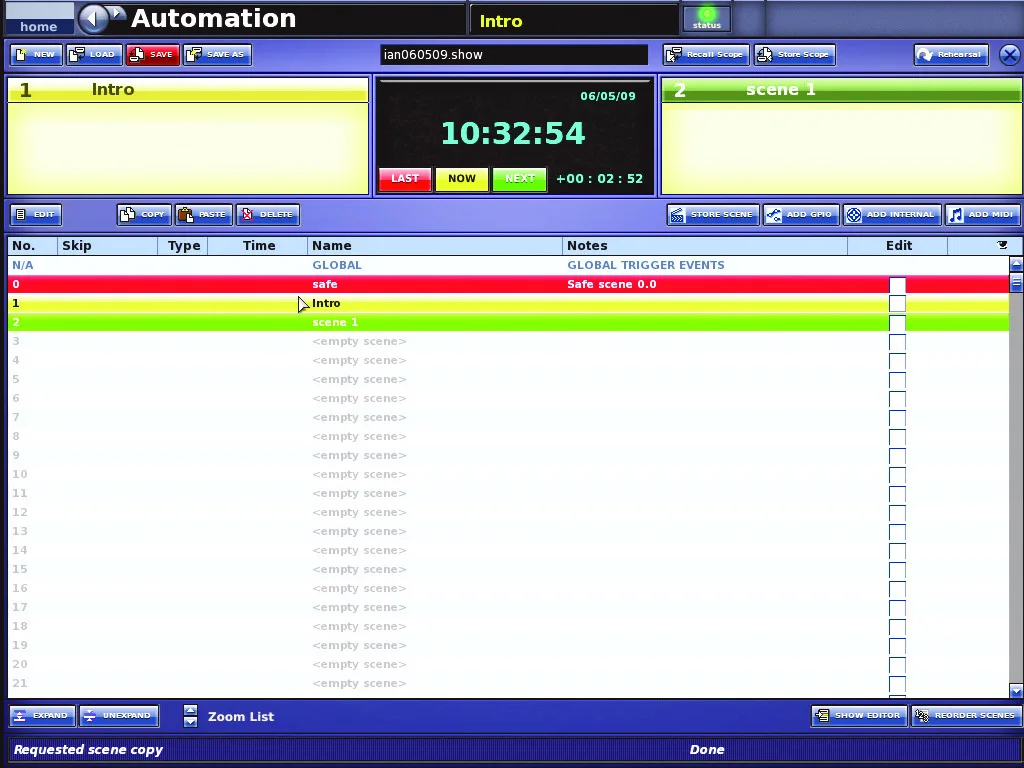 Midas XL8, Automation, scene list and clock screen
