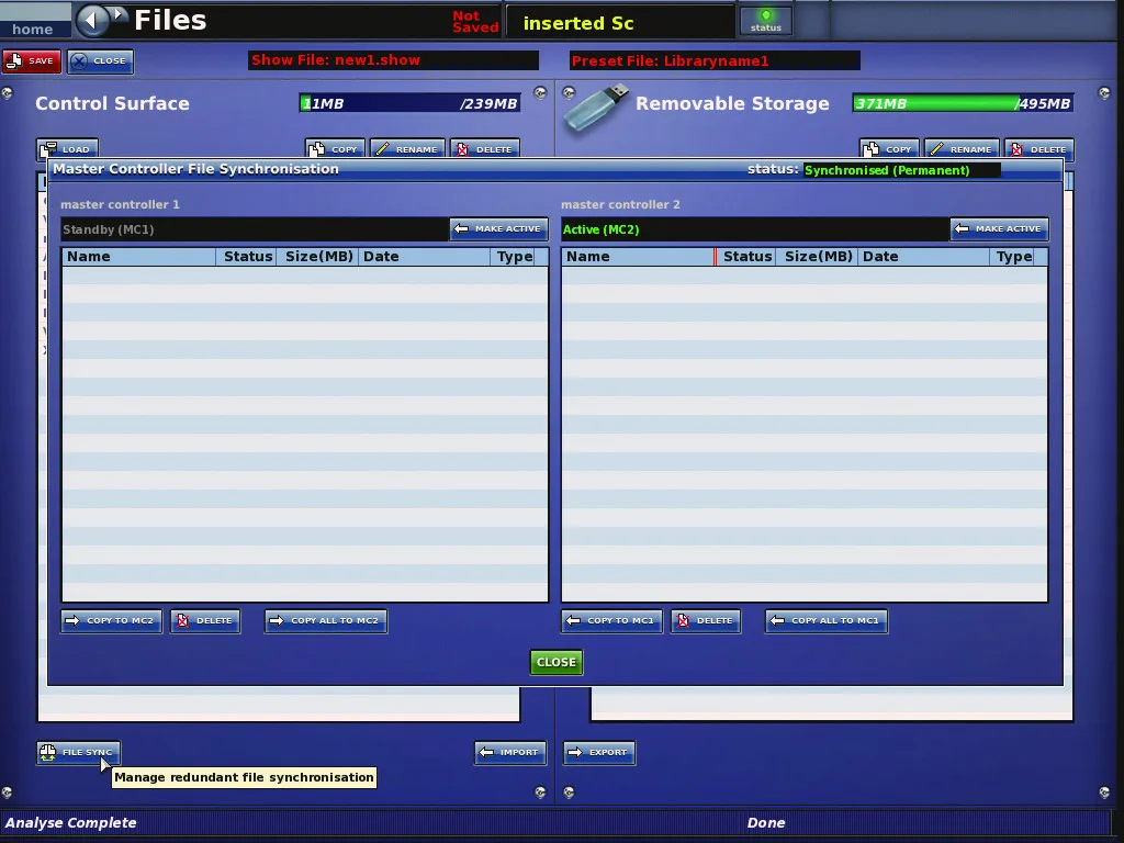 Midas XL8, Files, file management and synchronisation screen