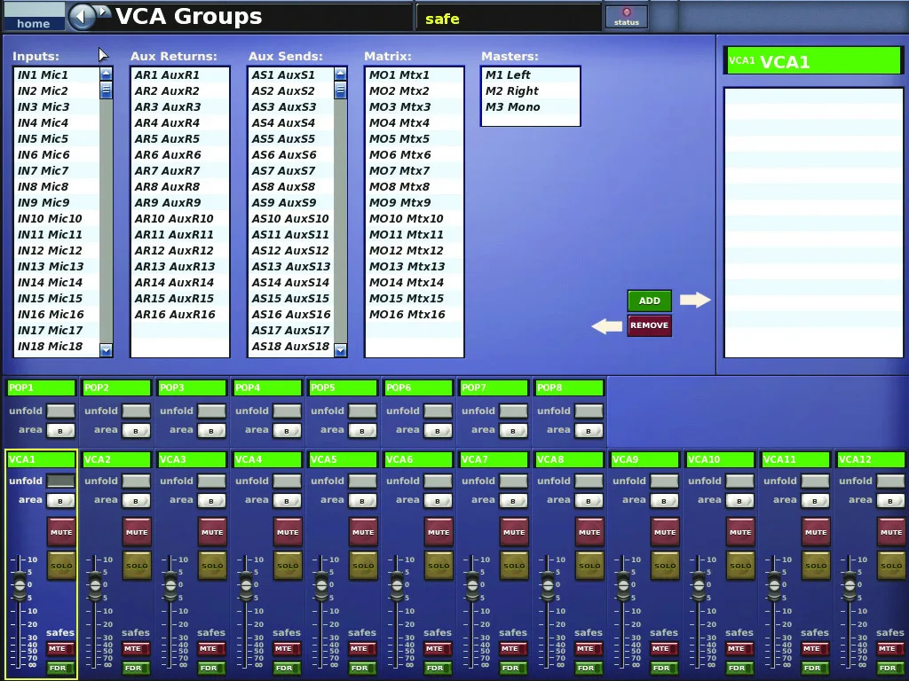 Midas XL8, VCA Groups, VCA group assignment screen