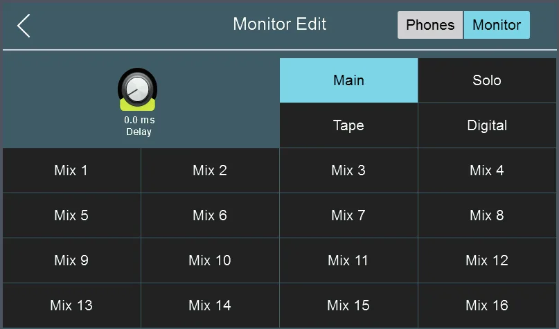 Écran tactile de la StudioLive Series III, Monitor Edit : source des sorties Monitor et casque