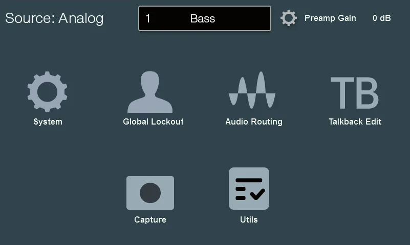 Écran tactile de la StudioLive Series III, Écran Home : sélecteur des pages System, Global Lockout, Audio Routing, Talkback Edit, Capture et Utils