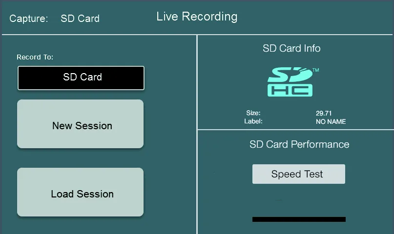 Écran tactile de la StudioLive Series III, Enregistrement SD (Capture intégré) : nouvelle session, chargement et test de carte
