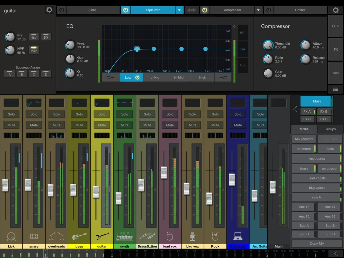 Universal Control (Fender) sur iPad : Fat Channel de la voie guitar avec EQ et compresseur au-dessus des voies