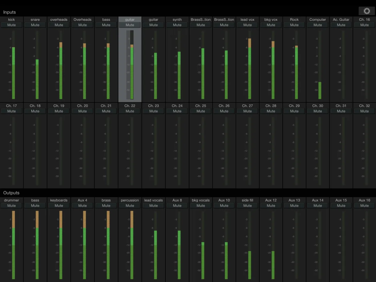 Universal Control (Fender) sur iPad : vumètres des 32 entrées et des sorties d'une StudioLive Series III