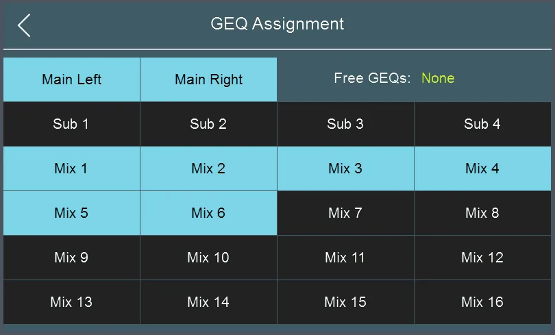 Écran tactile de la StudioLive Series III, Affectation des GEQ : choix des bus Main, Sub et Mix équipés d'un GEQ