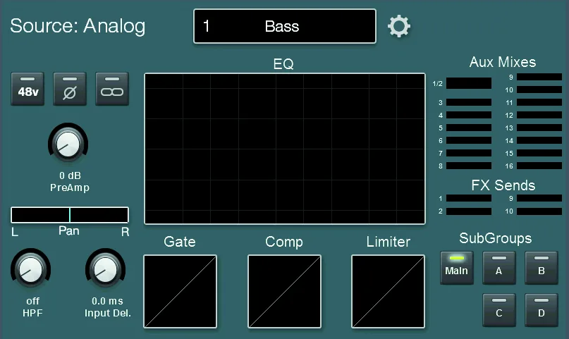 Écran tactile de la StudioLive Series III, Vue d'ensemble de la voie (Channel Overview) : source, 48V, phase, préampli, pan, HPF, delay, aperçu EQ, gate, comp et limiteur, envois Aux et FX, affectation Main et sous-groupes