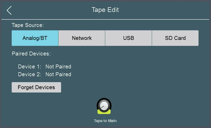 Écran tactile de la StudioLive Series III, Tape Edit : source Tape, Bluetooth et appairage