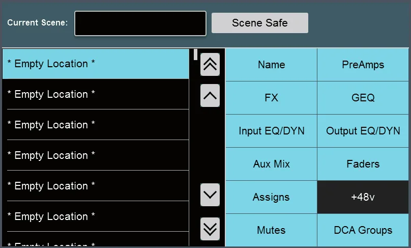 Écran tactile de la StudioLive Series III, Liste des scènes : rappel sélectif par catégories et Scene Safe