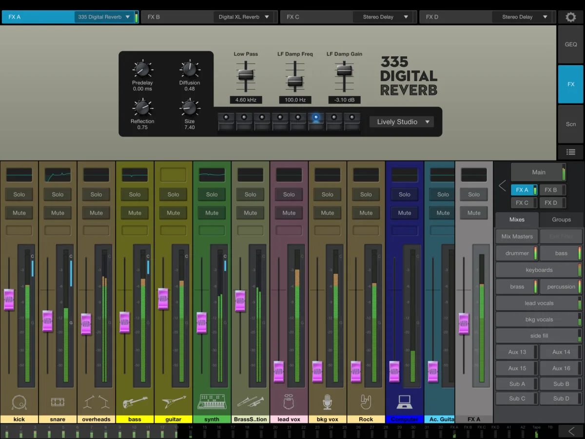 Universal Control (Fender) sur iPad : réverbération 335 Digital Reverb du slot FX A et envois FX des voies