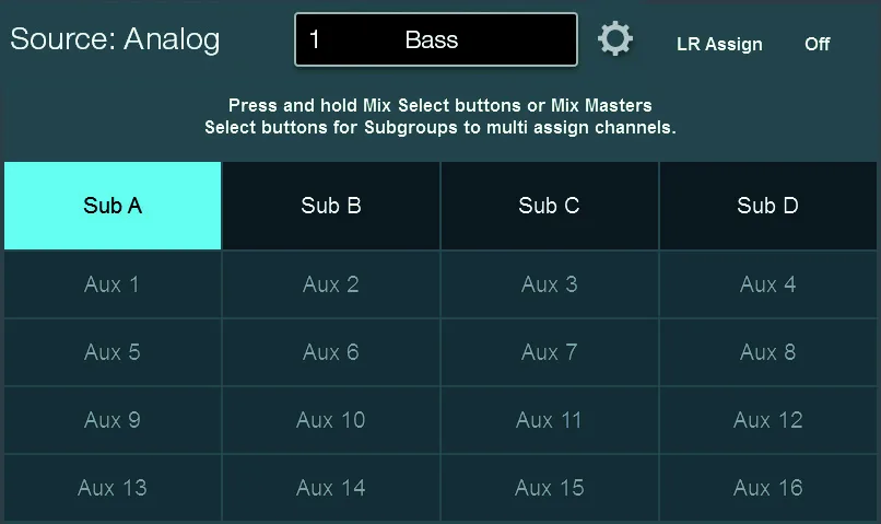 Écran tactile de la StudioLive Series III, Affectation aux sous-groupes : sélection des voies pour les Sub A à D