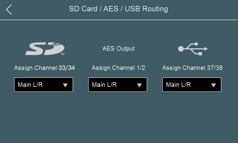 Écran tactile de la StudioLive Series III, Routage SD, AES et USB : affectation des voies 33 à 38
