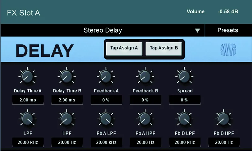 Écran tactile de la StudioLive Series III, Stereo Delay : temps, feedback, filtres et spread