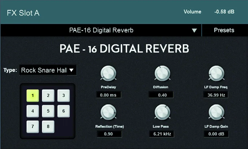 Écran tactile de la StudioLive Series III, Réverbération PAE-16 Digital Reverb