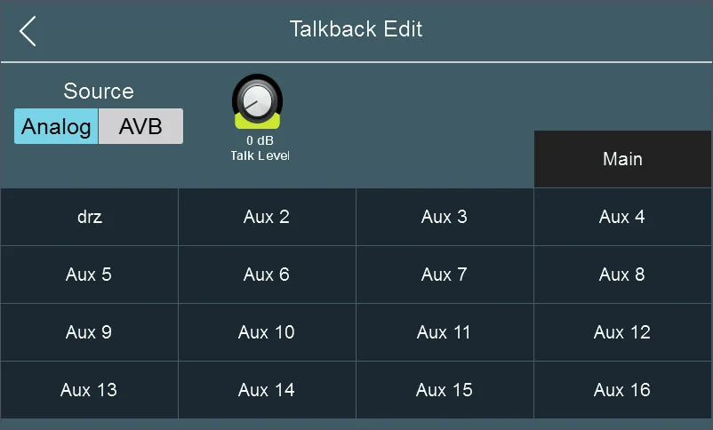 Écran tactile de la StudioLive Series III, Talkback Edit : source et affectation du talkback aux mixages