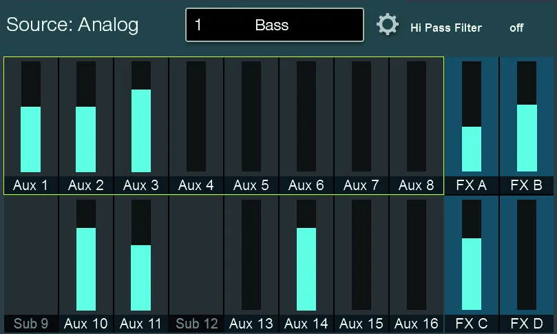 Écran tactile de la StudioLive Series III, Envois de la voie : niveaux vers les 16 Aux, les sous-groupes et les 4 FX