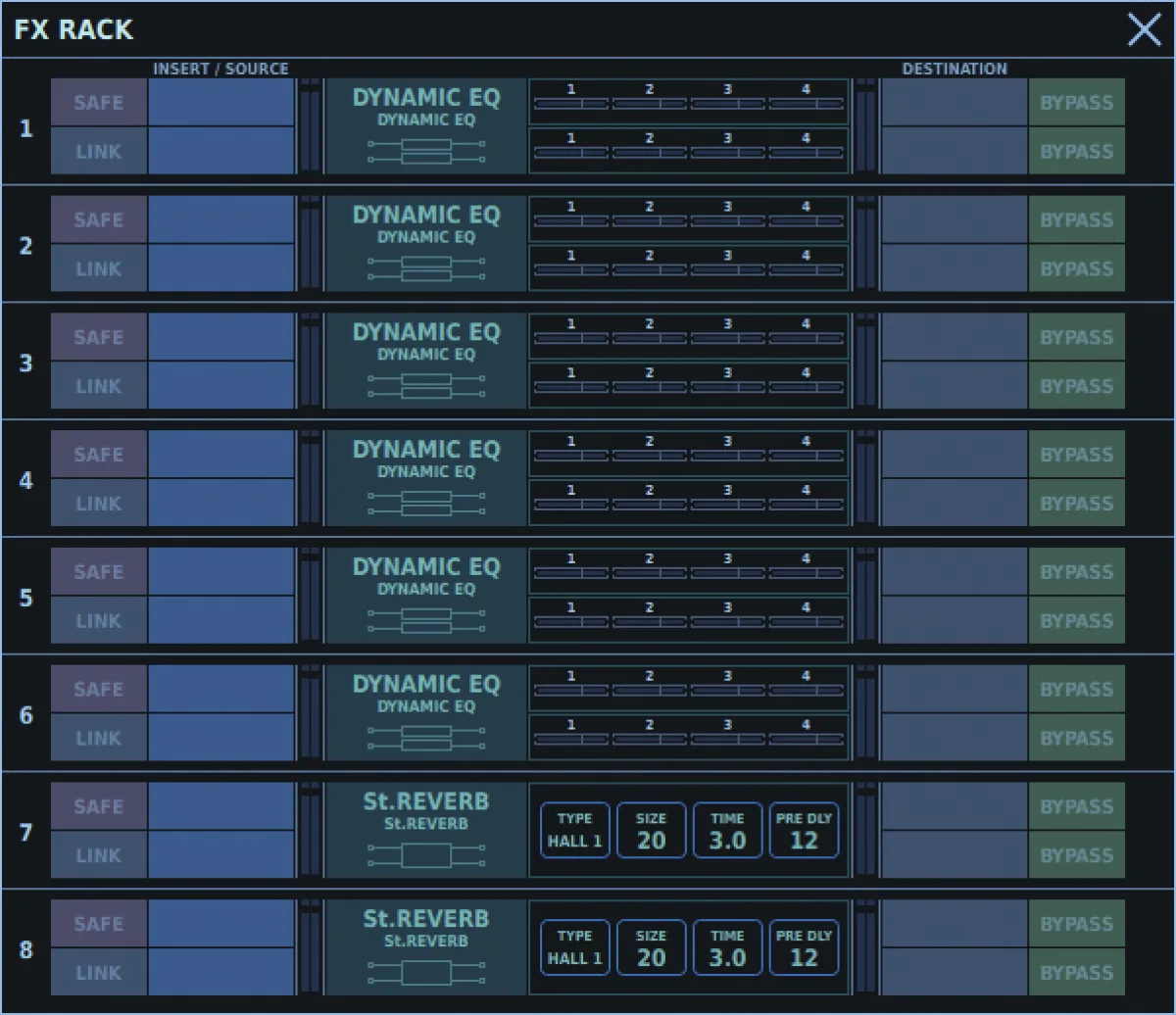 M-5000, fenêtre FX RACK : 8 processeurs d'effets avec source et destination