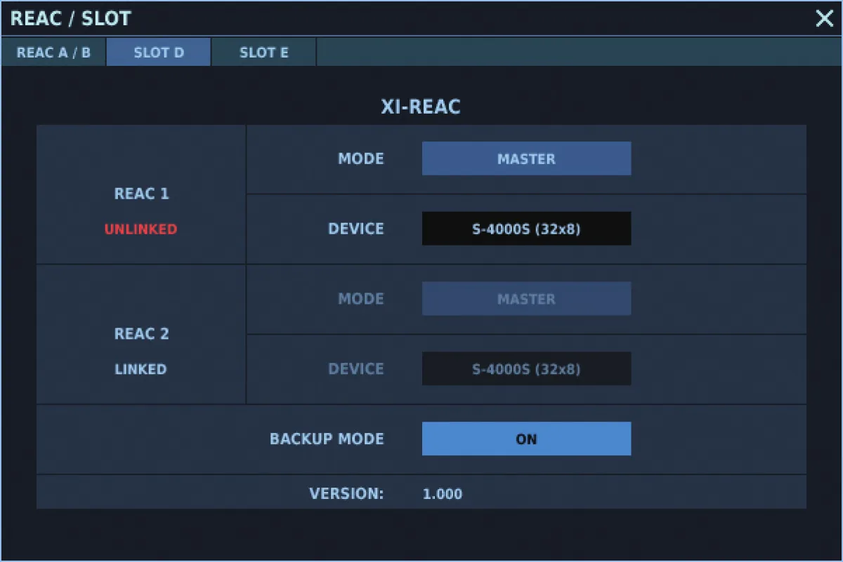M-5000, fenêtre REAC/SLOT : modes REAC et carte XI-REAC en slot
