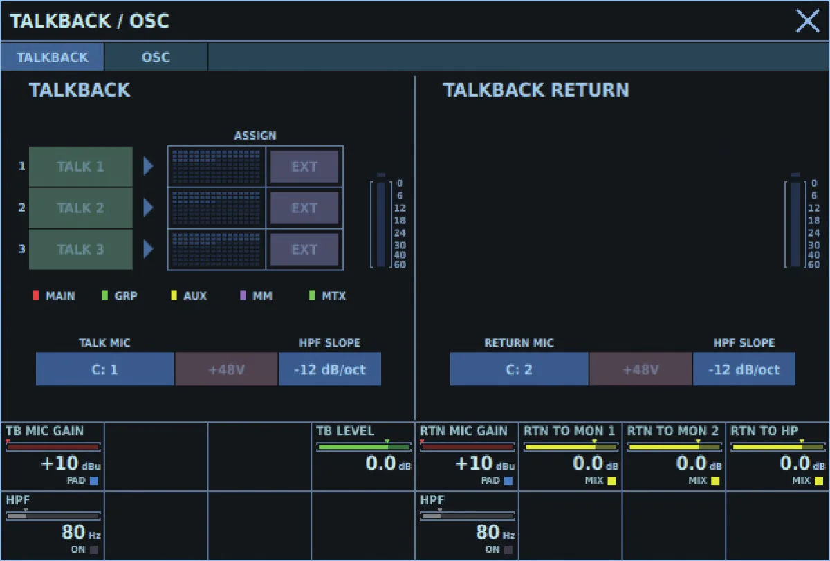 M-5000, fenêtre TALKBACK/OSC : talkback, retour d'ordres et oscillateur