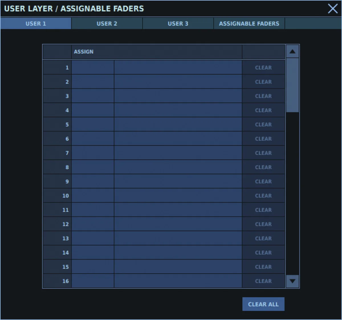 M-5000, fenêtre USER LAYER / ASSIGNABLE FADERS : couches utilisateur