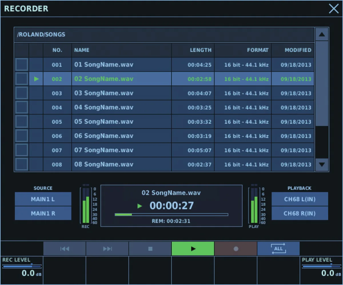 M-5000, fenêtre RECORDER : enregistreur et lecteur sur clé USB