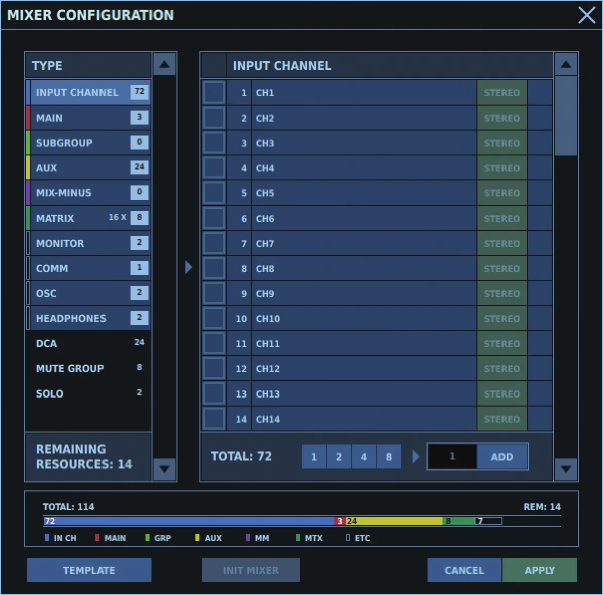 M-5000, fenêtre MIXER CONFIGURATION : nombre de voies, bus et matrices, ressources restantes