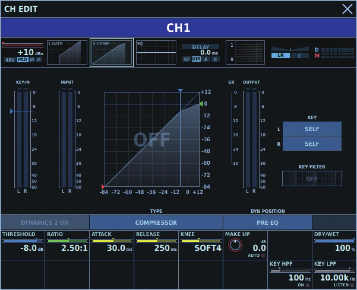 M-5000, fenêtre CH EDIT, page compresseur : courbe, seuil, ratio, attaque, relâchement, knee et key filter