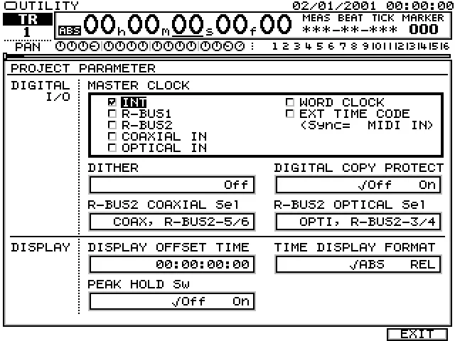 Écran PROJECT PARAMETER : horloge maître, dither et formats d'affichage