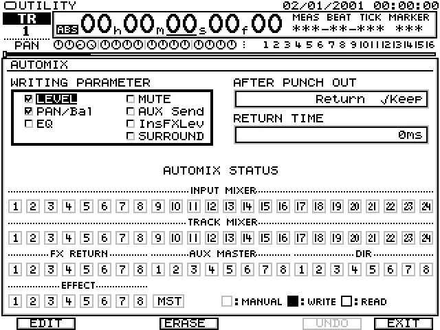 Écran AUTOMIX : paramètres d'écriture et statut d'automation