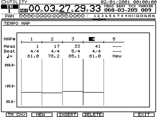 Écran TEMPO MAP : carte des tempos et des mesures