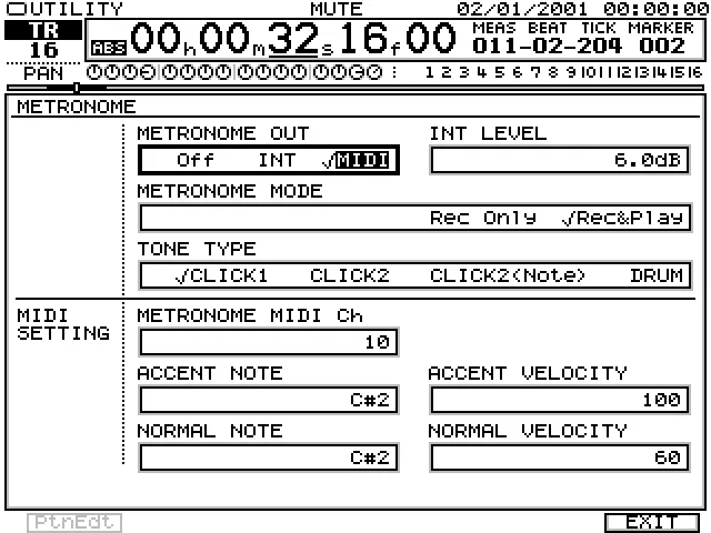 Écran METRONOME : sortie, mode, sons et notes MIDI
