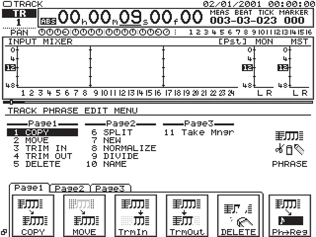 Menu TRACK PHRASE EDIT : copie, déplacement, insertion, découpe et effacement