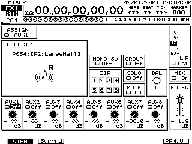 Channel View d'un retour d'effet FX1 : affectation, départs AUX, mute, solo et fader