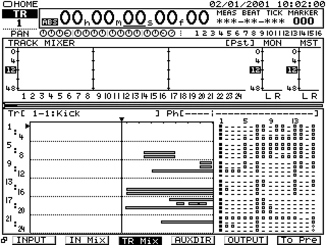 Écran HOME : compteur, vumètres TRACK MIXER et playlist des pistes
