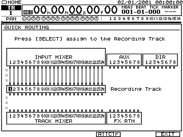 Écran QUICK ROUTING : affectation de l'input mixer aux pistes d'enregistrement