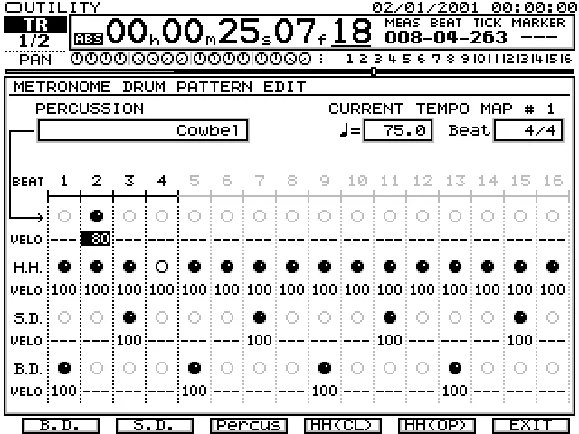 Écran METRONOME DRUM PATTERN EDIT : édition d'un motif de batterie