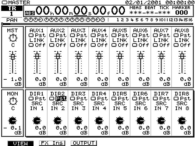 Écran MASTER : bus AUX 1-8 et sorties directes DIR 1-8