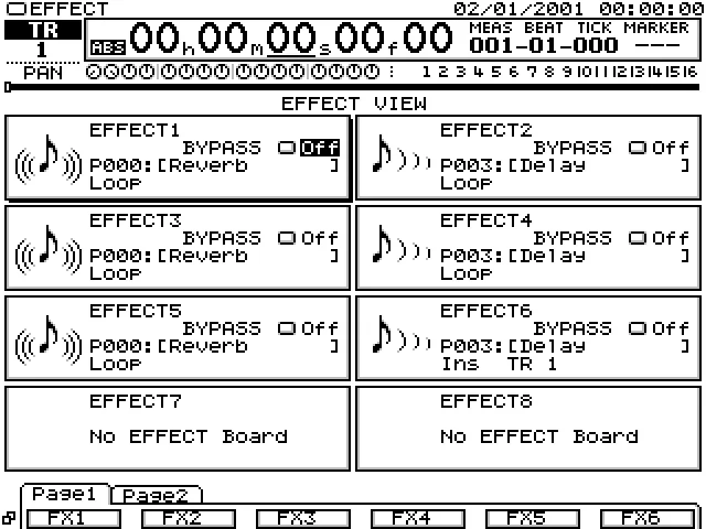Écran EFFECT VIEW : les huit processeurs d'effets et leurs patches