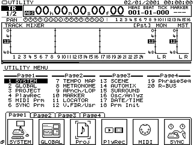 Menu UTILITY : système, global, projet, MIDI, synchro, métronome et réglages
