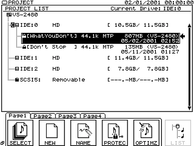 Écran PROJECT LIST : projets des disques IDE et SCSI