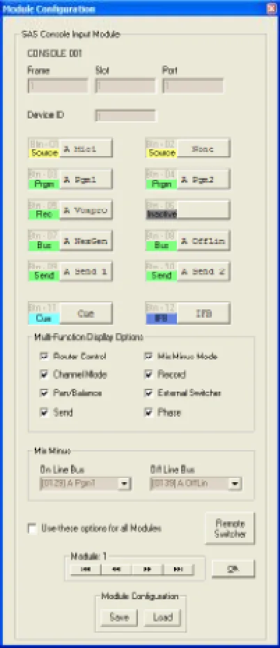 SAS Router Control Software : configuration d'un module d'entrée Rubicon, affectation des 12 touches, options de l'afficheur multifonction et mix-minus