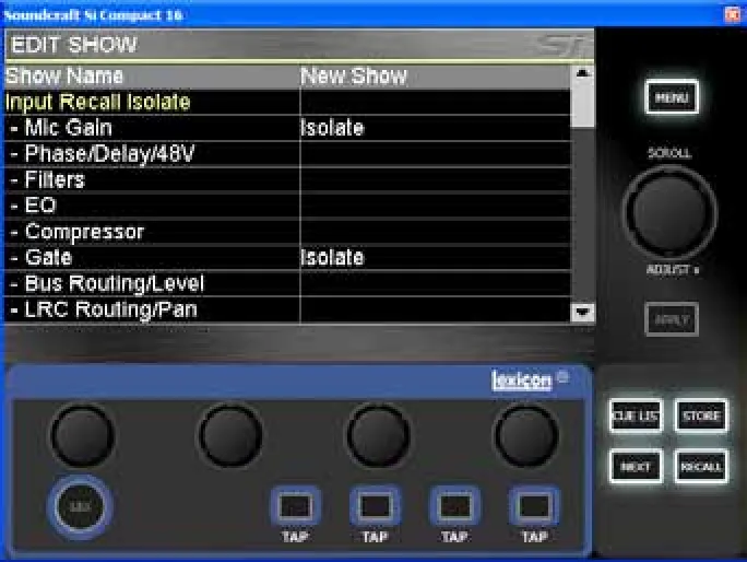 Écran tactile de la Si Compact, édition d'un show et isolation au rappel (vue de Virtual Si reproduite dans le manuel, agrandie deux fois)