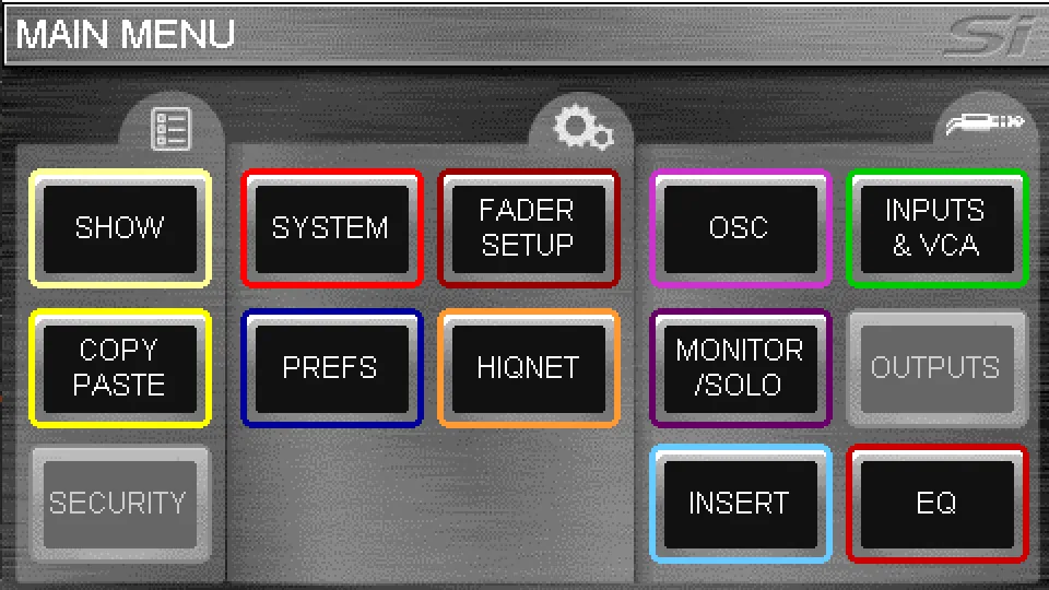 Écran tactile des Si, menu principal (capture du guide logiciel Si V2.1, commun Si Expression, Impact et Performer)
