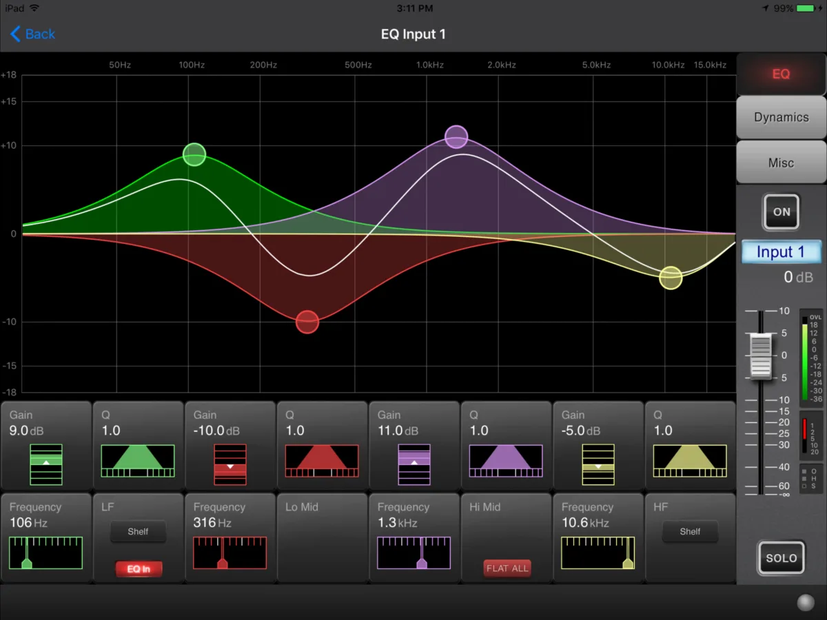 ViSi Remote sur iPad, EQ paramétrique de voie (capture App Store réalisée sur une Si Compact 32, interface identique sur les Si)