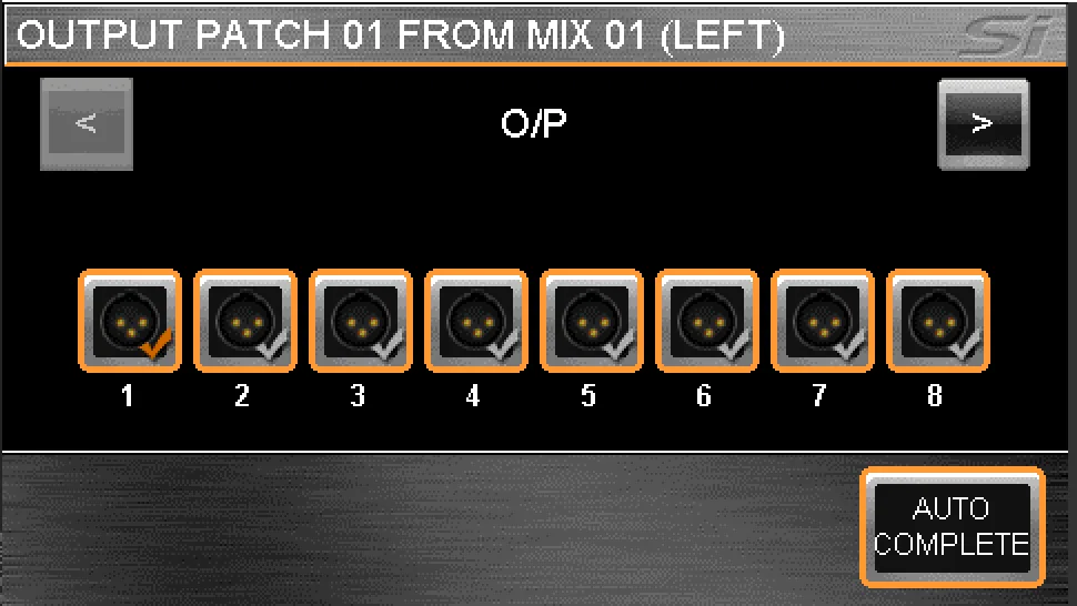 Écran tactile des Si, patch de sortie depuis le Mix 1 (capture du guide logiciel Si V2.1, commun Si Expression, Impact et Performer)