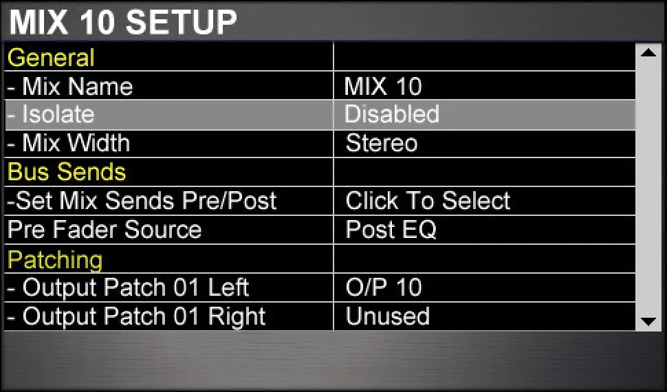 Écran tactile des Si, réglages du Mix 10 (capture du manuel Si Expression, interface identique sur la gamme Si)