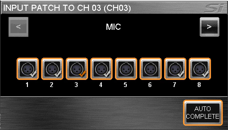 Écran tactile des Si, patch d'entrée vers la voie 3 (capture du guide logiciel Si V2.1, commun Si Expression, Impact et Performer)