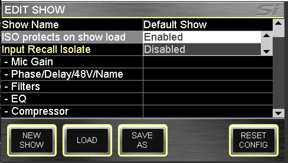 Écran tactile des Si, édition du show et protections ISO (capture du guide logiciel Si V2.1, commun Si Expression, Impact et Performer)