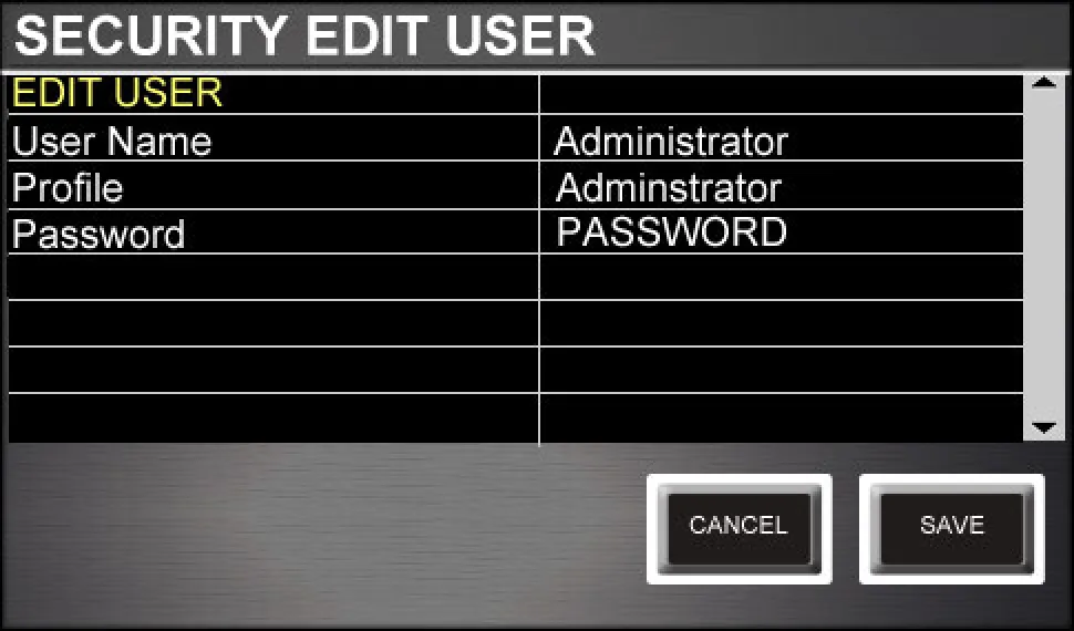 Écran tactile des Si, sécurité, édition d'un utilisateur (capture du manuel Si Expression, interface identique sur la gamme Si)