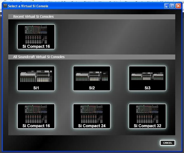 Virtual Si : choix de la console à éditer, Si1, Si2, Si3 ou Si Compact 16, 24 et 32